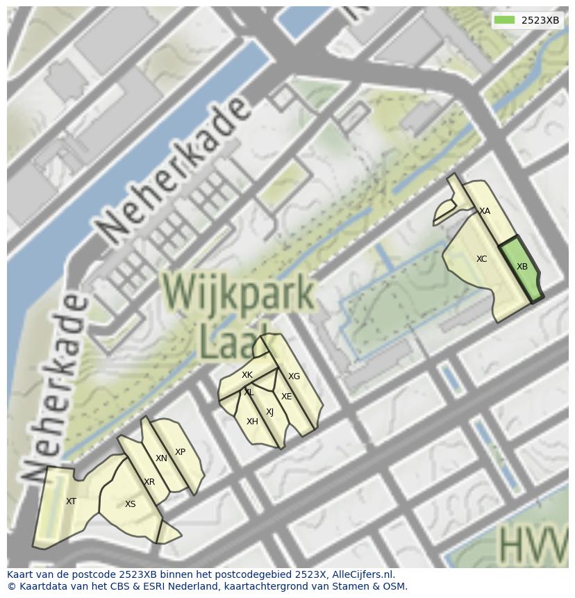 Afbeelding van het postcodegebied 2523 XB op de kaart.