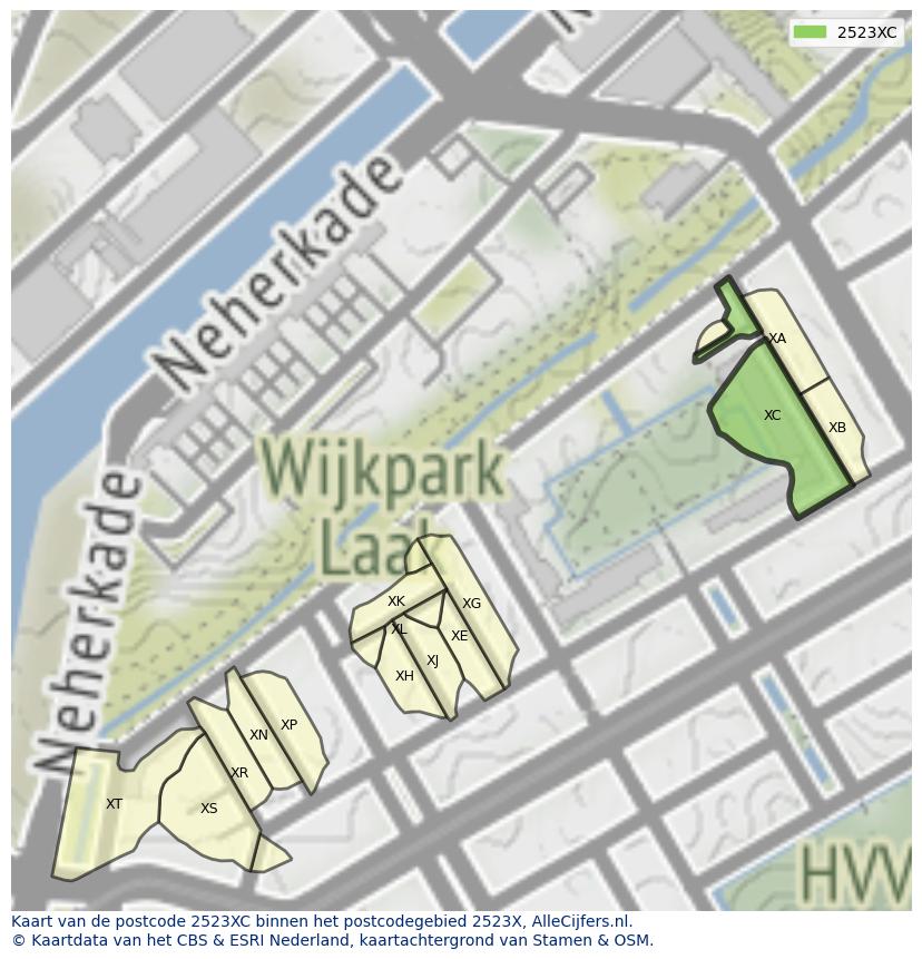 Afbeelding van het postcodegebied 2523 XC op de kaart.