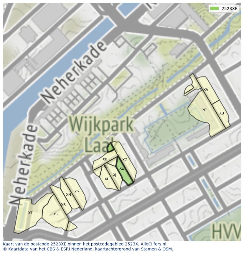 Afbeelding van het postcodegebied 2523 XE op de kaart.