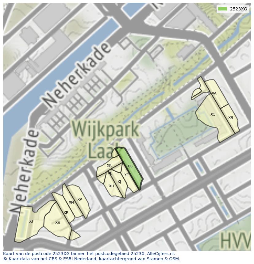 Afbeelding van het postcodegebied 2523 XG op de kaart.