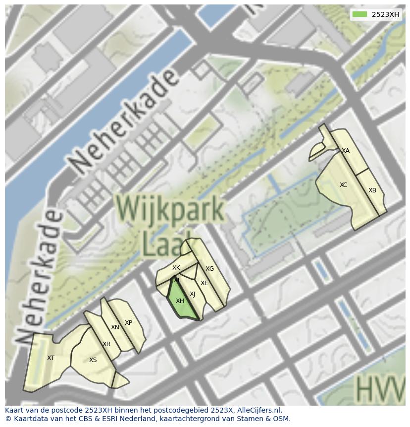 Afbeelding van het postcodegebied 2523 XH op de kaart.