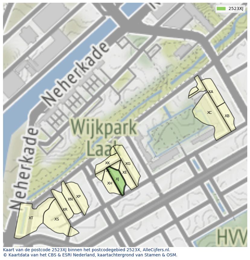 Afbeelding van het postcodegebied 2523 XJ op de kaart.