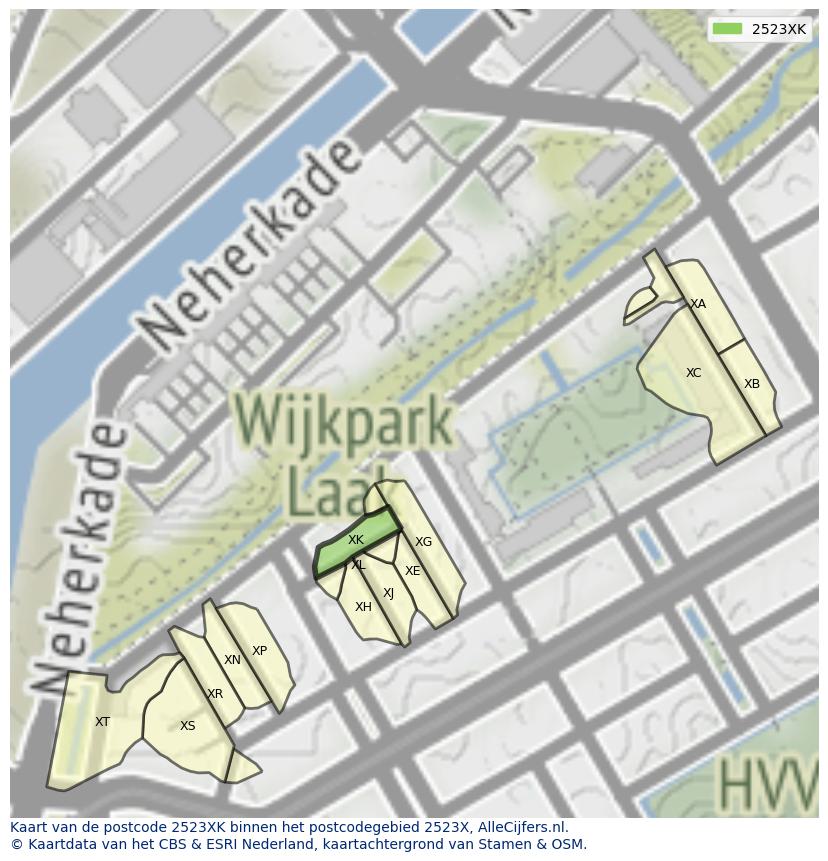 Afbeelding van het postcodegebied 2523 XK op de kaart.