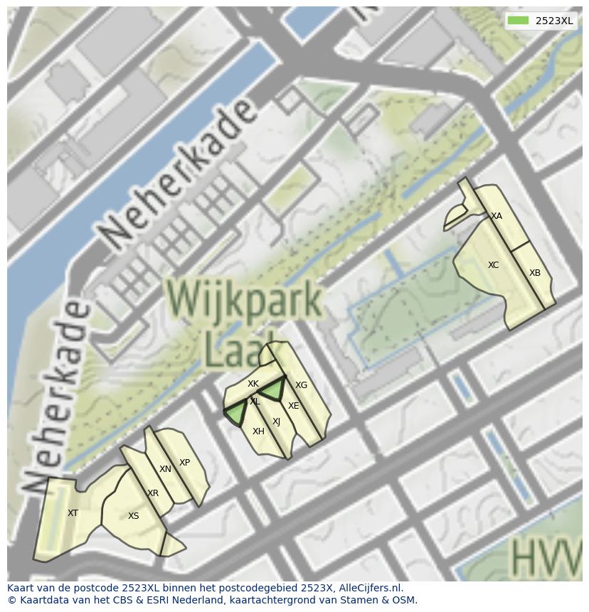 Afbeelding van het postcodegebied 2523 XL op de kaart.