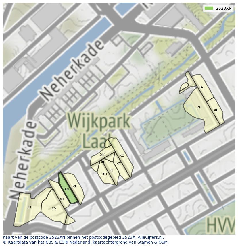 Afbeelding van het postcodegebied 2523 XN op de kaart.