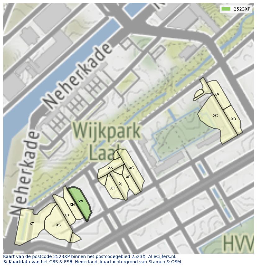 Afbeelding van het postcodegebied 2523 XP op de kaart.