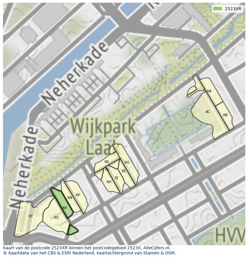 Afbeelding van het postcodegebied 2523 XR op de kaart.