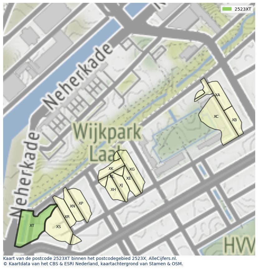 Afbeelding van het postcodegebied 2523 XT op de kaart.