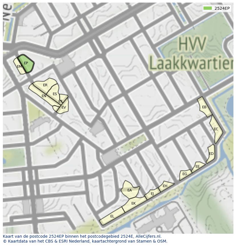 Afbeelding van het postcodegebied 2524 EP op de kaart.