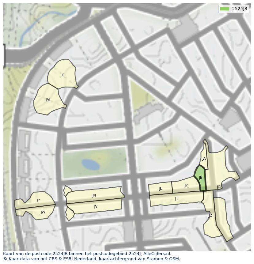 Afbeelding van het postcodegebied 2524 JB op de kaart.