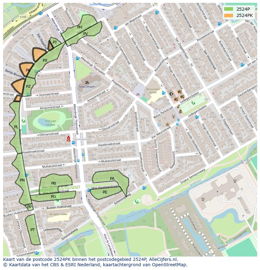 Afbeelding van het postcodegebied 2524 PK op de kaart.