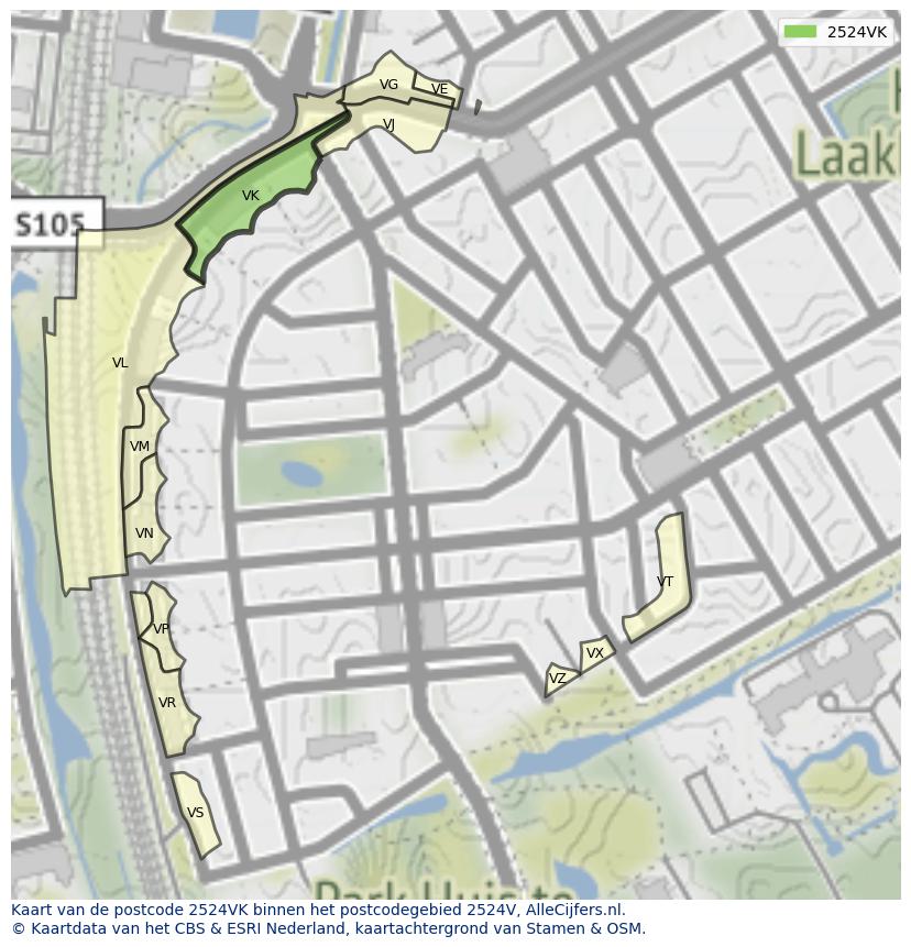 Afbeelding van het postcodegebied 2524 VK op de kaart.