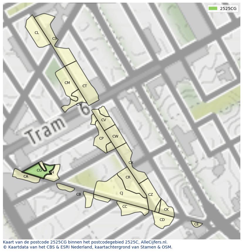 Afbeelding van het postcodegebied 2525 CG op de kaart.