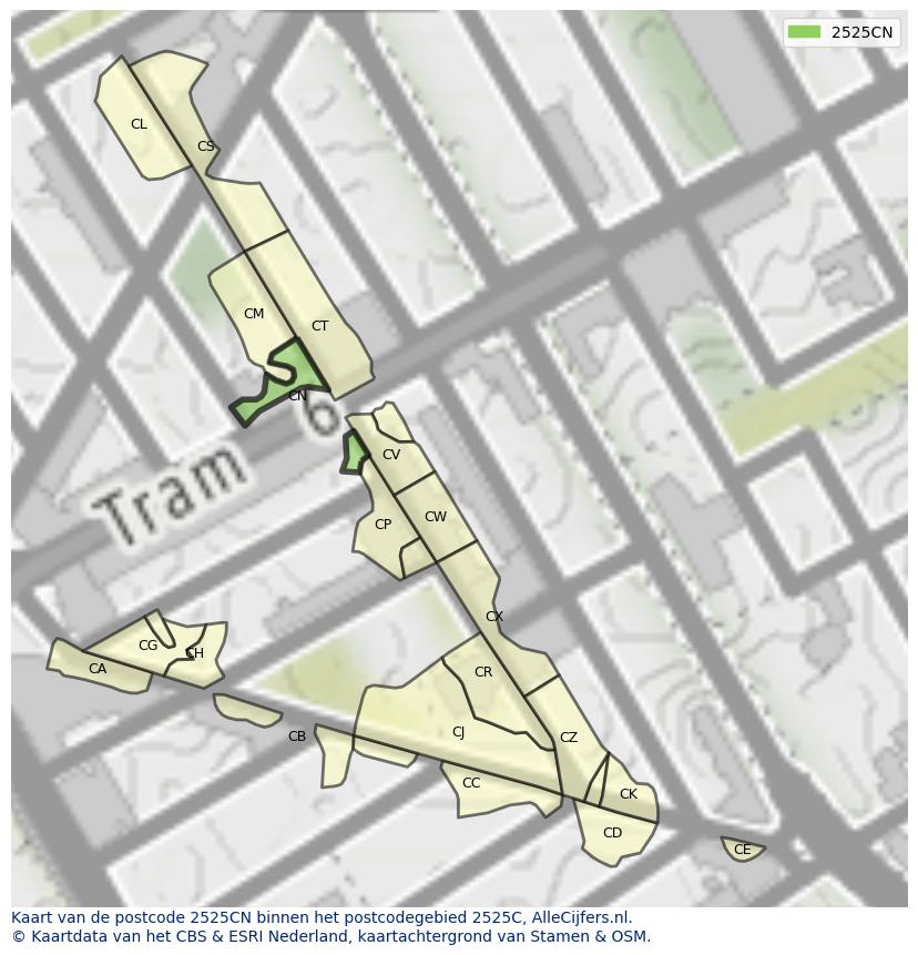 Afbeelding van het postcodegebied 2525 CN op de kaart.