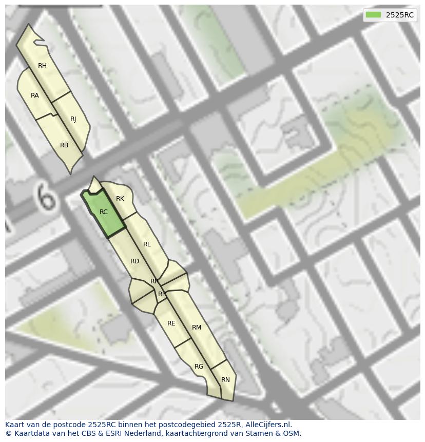 Afbeelding van het postcodegebied 2525 RC op de kaart.