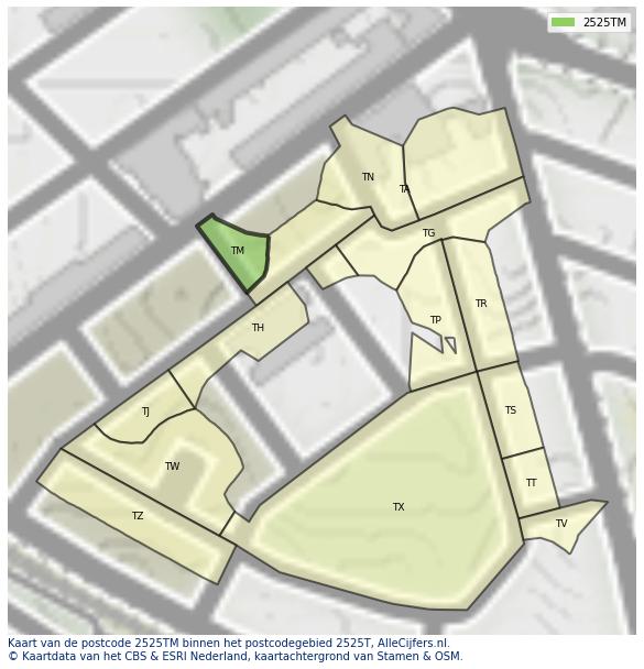 Afbeelding van het postcodegebied 2525 TM op de kaart.