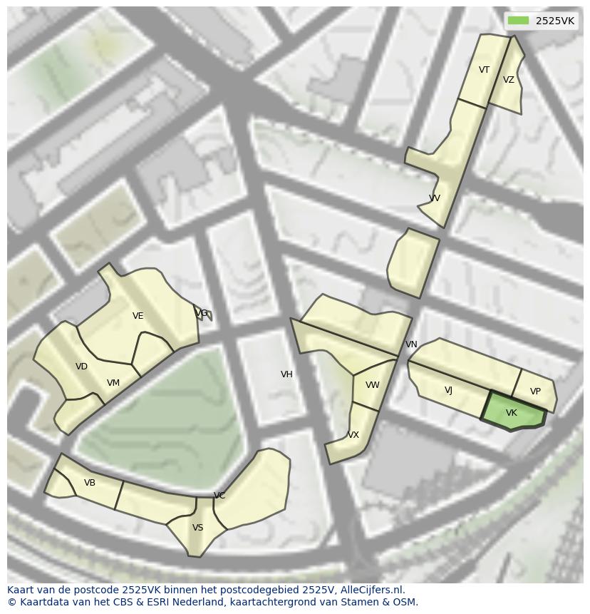 Afbeelding van het postcodegebied 2525 VK op de kaart.