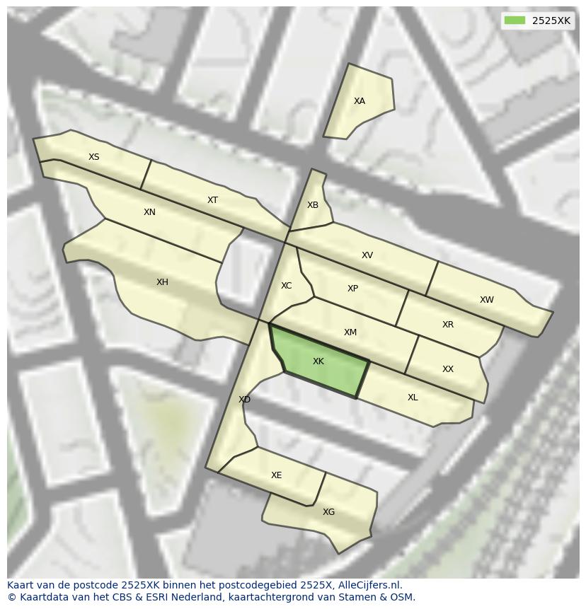 Afbeelding van het postcodegebied 2525 XK op de kaart.