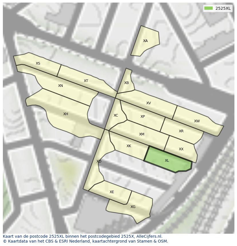 Afbeelding van het postcodegebied 2525 XL op de kaart.