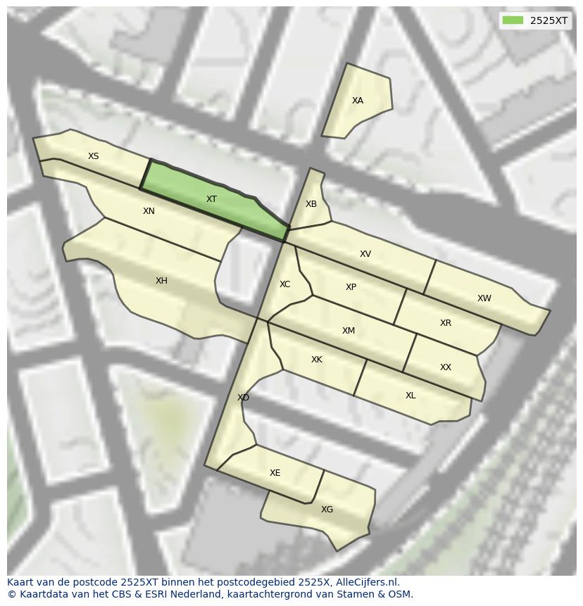 Afbeelding van het postcodegebied 2525 XT op de kaart.