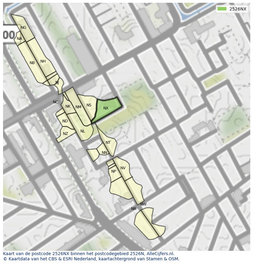 Afbeelding van het postcodegebied 2526 NX op de kaart.
