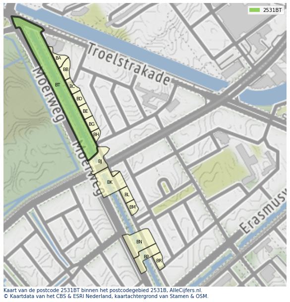 Afbeelding van het postcodegebied 2531 BT op de kaart.