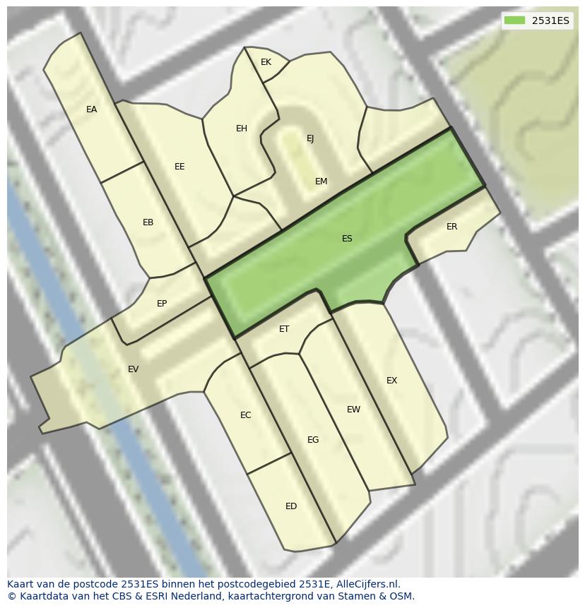 Afbeelding van het postcodegebied 2531 ES op de kaart.