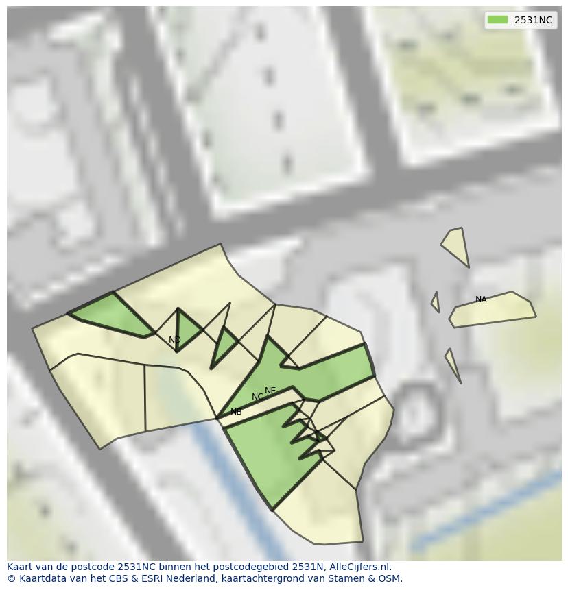 Afbeelding van het postcodegebied 2531 NC op de kaart.