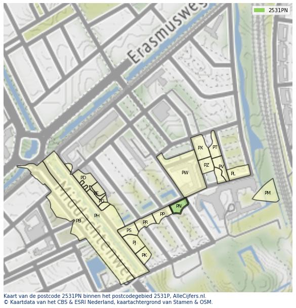 Afbeelding van het postcodegebied 2531 PN op de kaart.
