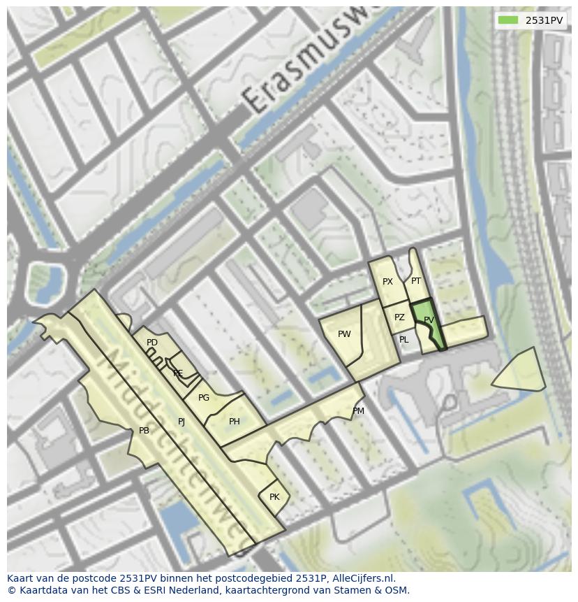 Afbeelding van het postcodegebied 2531 PV op de kaart.