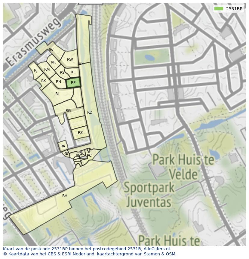 Afbeelding van het postcodegebied 2531 RP op de kaart.