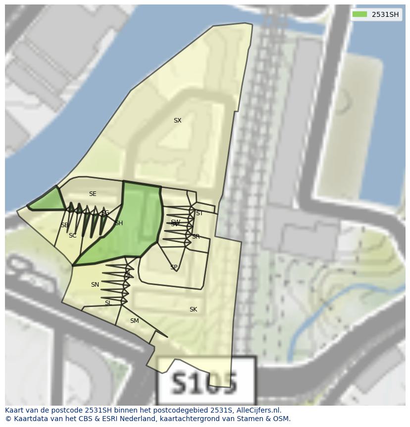 Afbeelding van het postcodegebied 2531 SH op de kaart.
