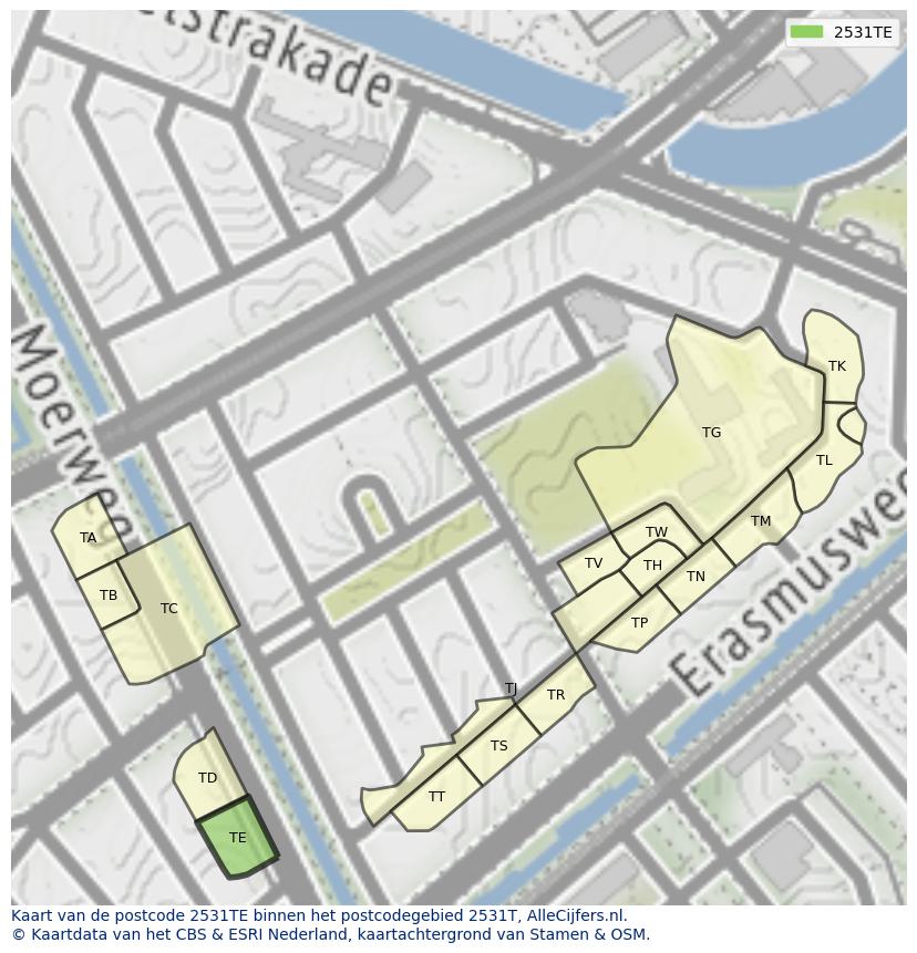 Afbeelding van het postcodegebied 2531 TE op de kaart.