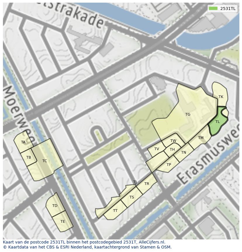 Afbeelding van het postcodegebied 2531 TL op de kaart.