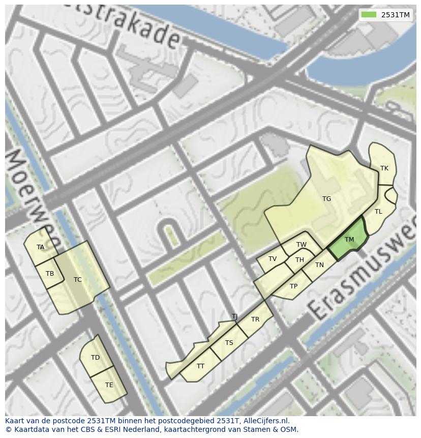 Afbeelding van het postcodegebied 2531 TM op de kaart.