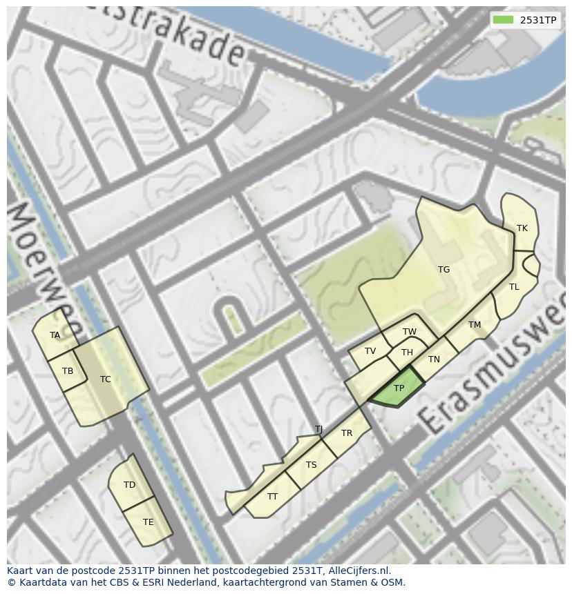 Afbeelding van het postcodegebied 2531 TP op de kaart.