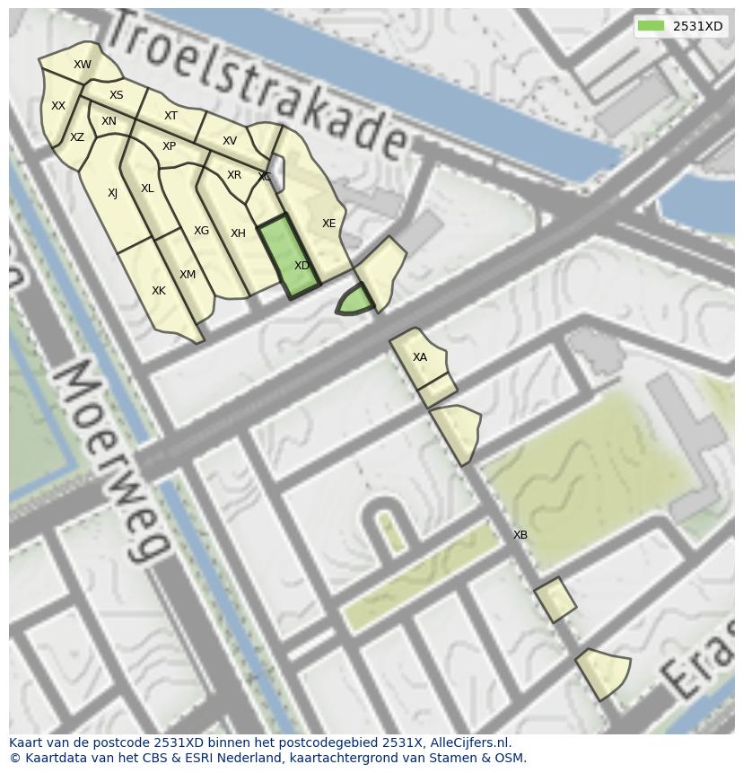 Afbeelding van het postcodegebied 2531 XD op de kaart.