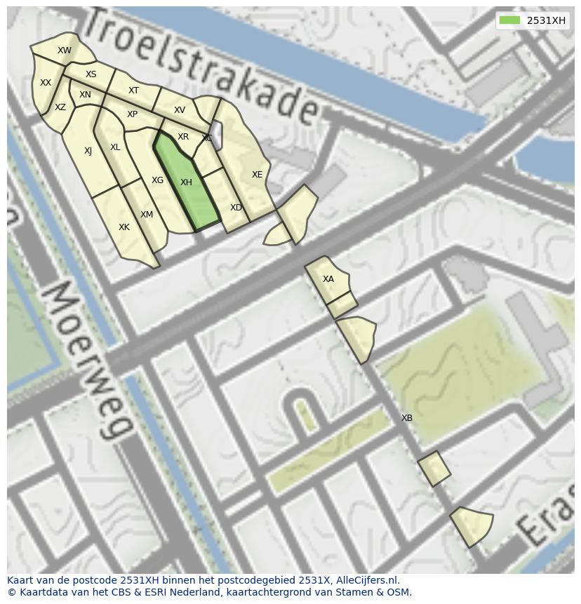 Afbeelding van het postcodegebied 2531 XH op de kaart.