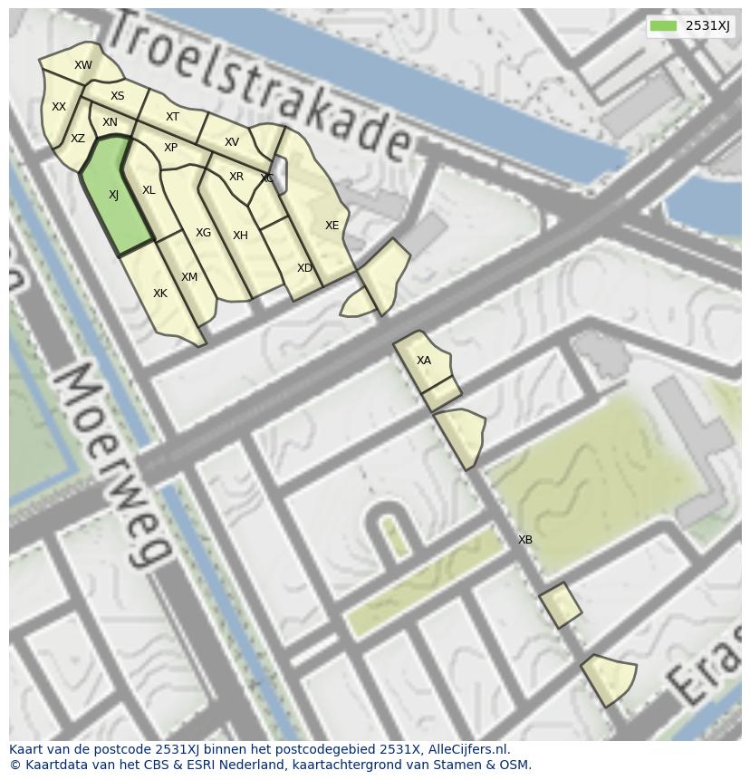 Afbeelding van het postcodegebied 2531 XJ op de kaart.