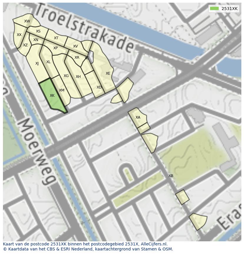 Afbeelding van het postcodegebied 2531 XK op de kaart.