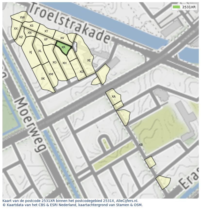 Afbeelding van het postcodegebied 2531 XR op de kaart.