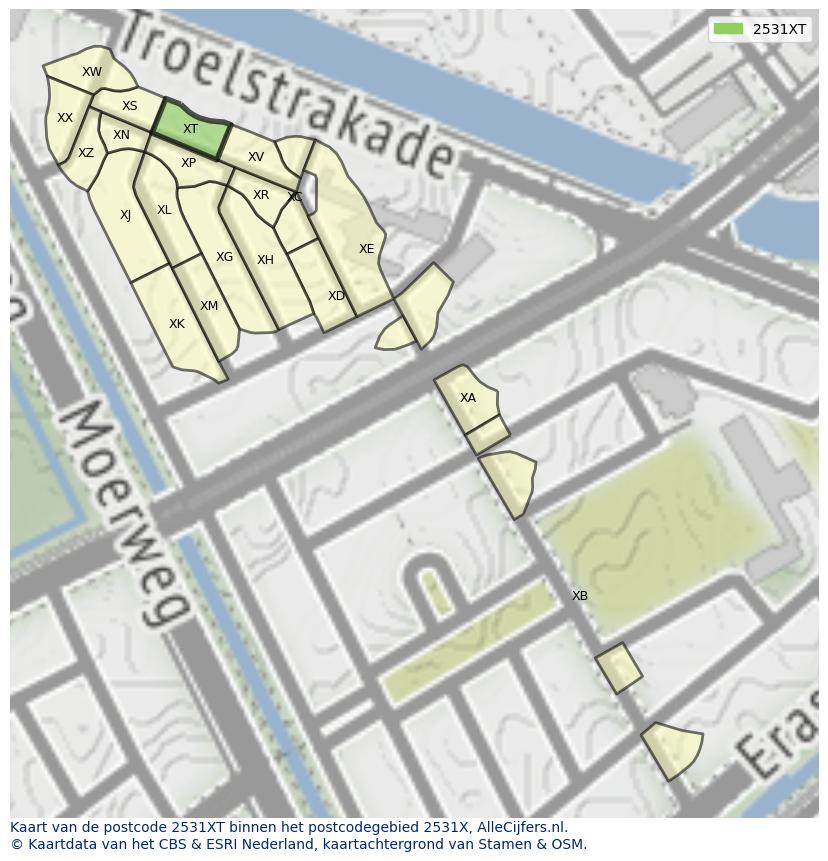 Afbeelding van het postcodegebied 2531 XT op de kaart.