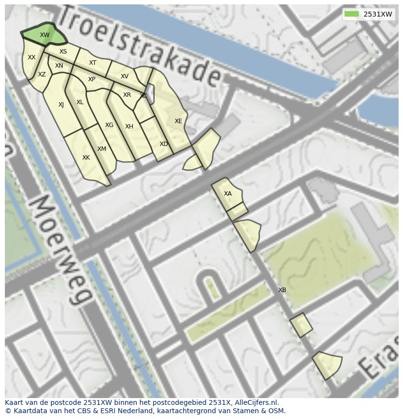 Afbeelding van het postcodegebied 2531 XW op de kaart.