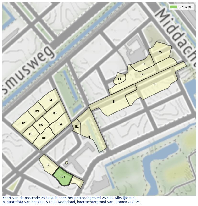 Afbeelding van het postcodegebied 2532 BD op de kaart.