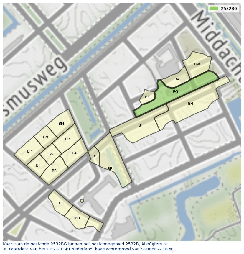 Afbeelding van het postcodegebied 2532 BG op de kaart.