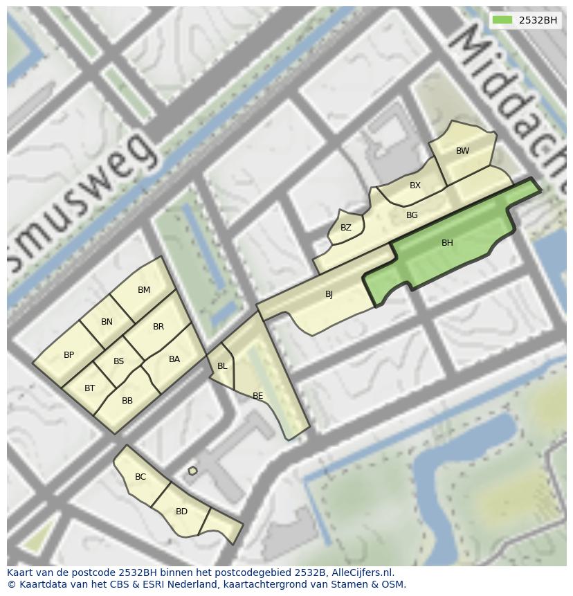 Afbeelding van het postcodegebied 2532 BH op de kaart.