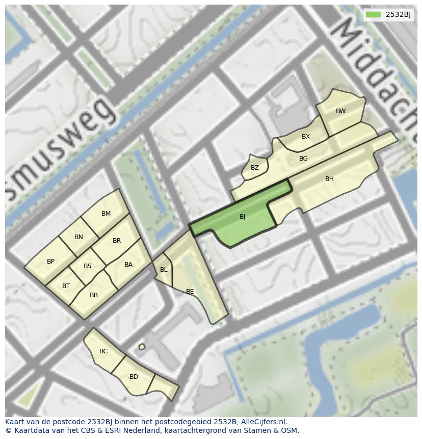 Afbeelding van het postcodegebied 2532 BJ op de kaart.