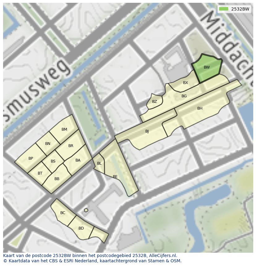 Afbeelding van het postcodegebied 2532 BW op de kaart.