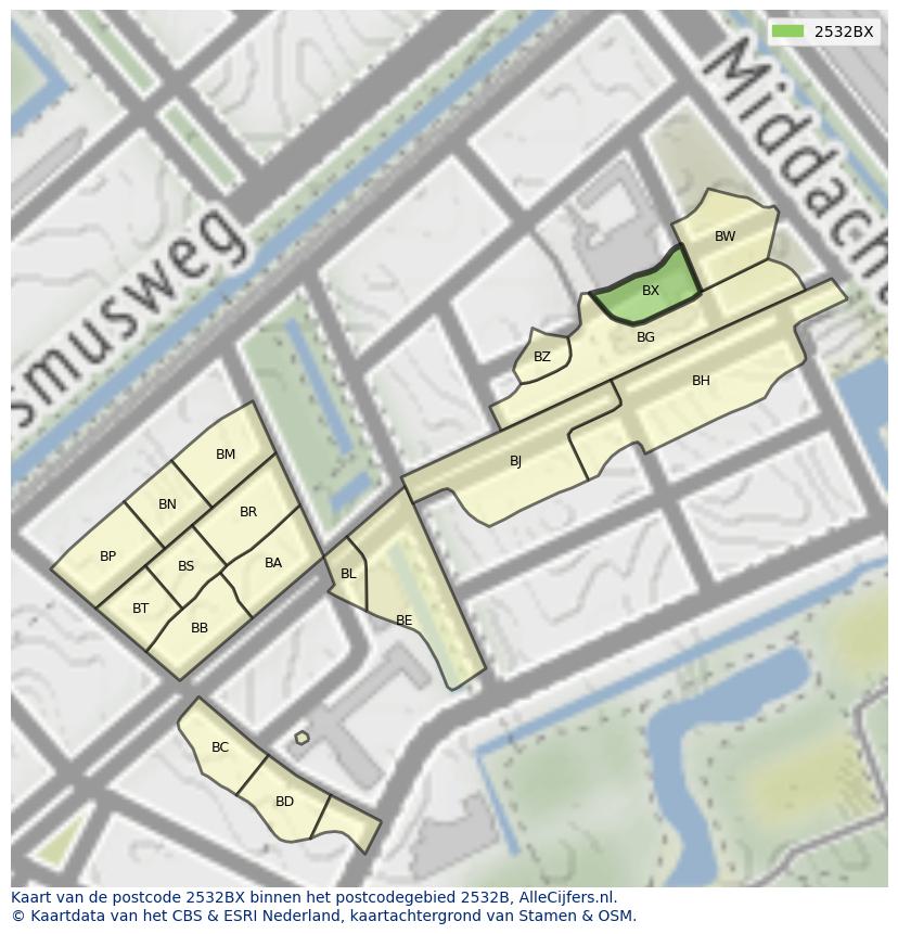 Afbeelding van het postcodegebied 2532 BX op de kaart.
