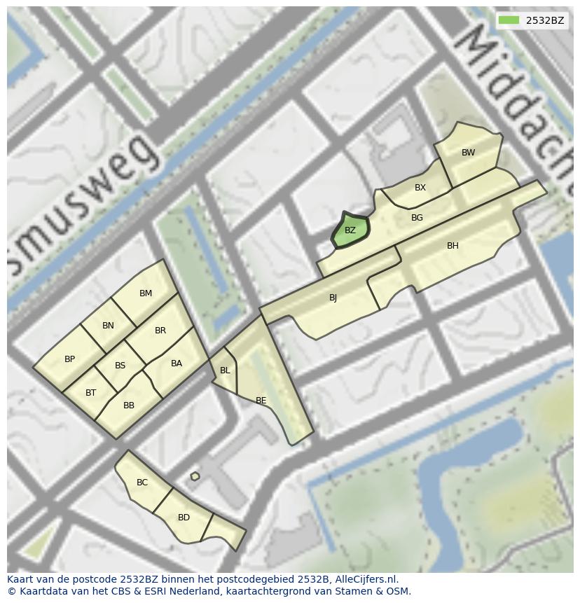 Afbeelding van het postcodegebied 2532 BZ op de kaart.